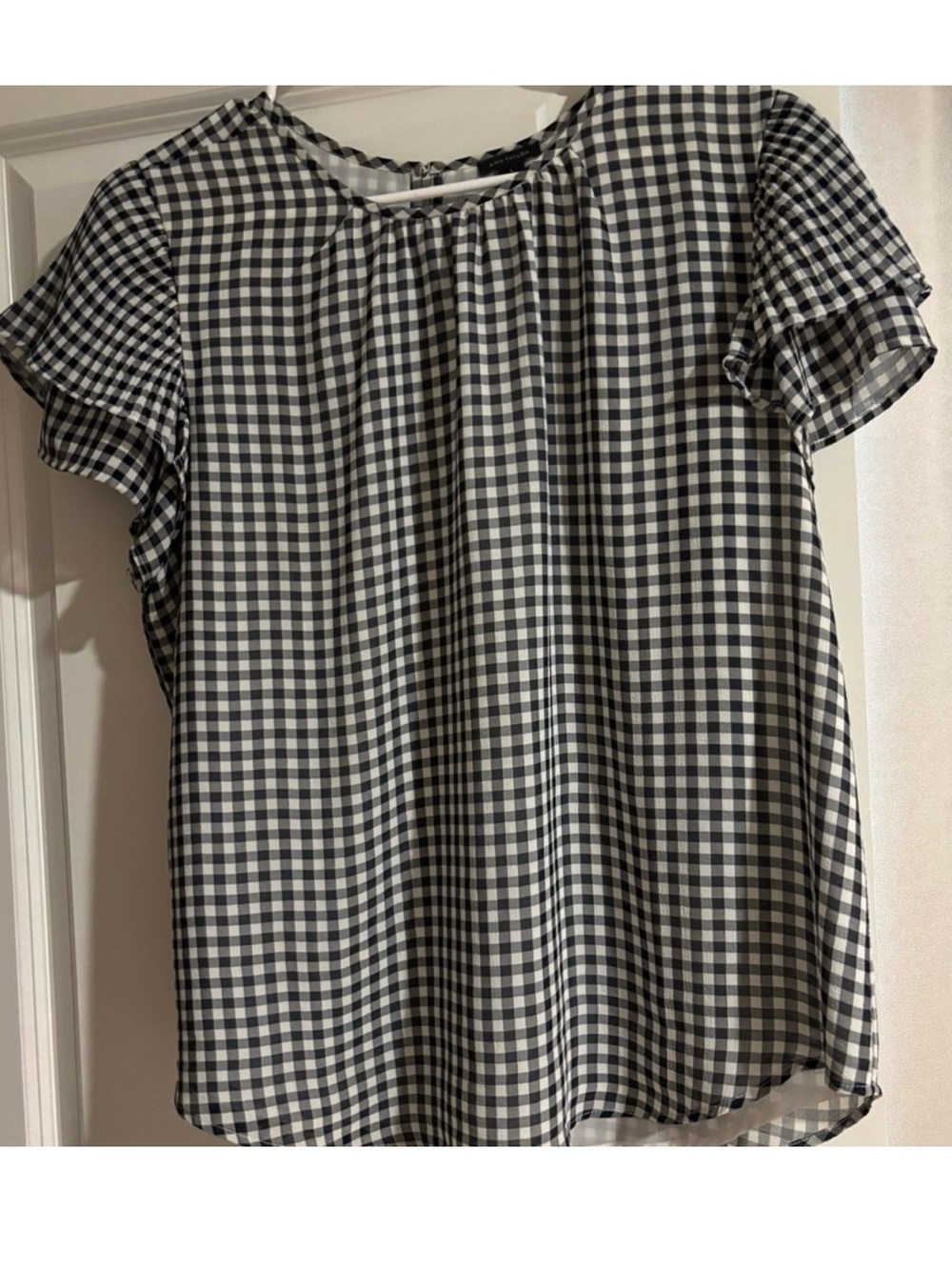 Ann Taylor Black and White Gingham Flutter-Sleeve Blouse